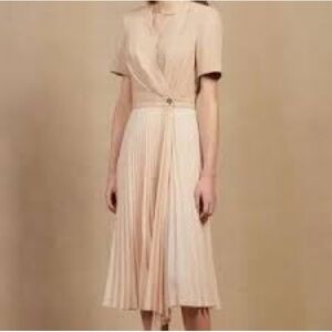 Wrap-Style Pleated Midi Dress in Light Beige